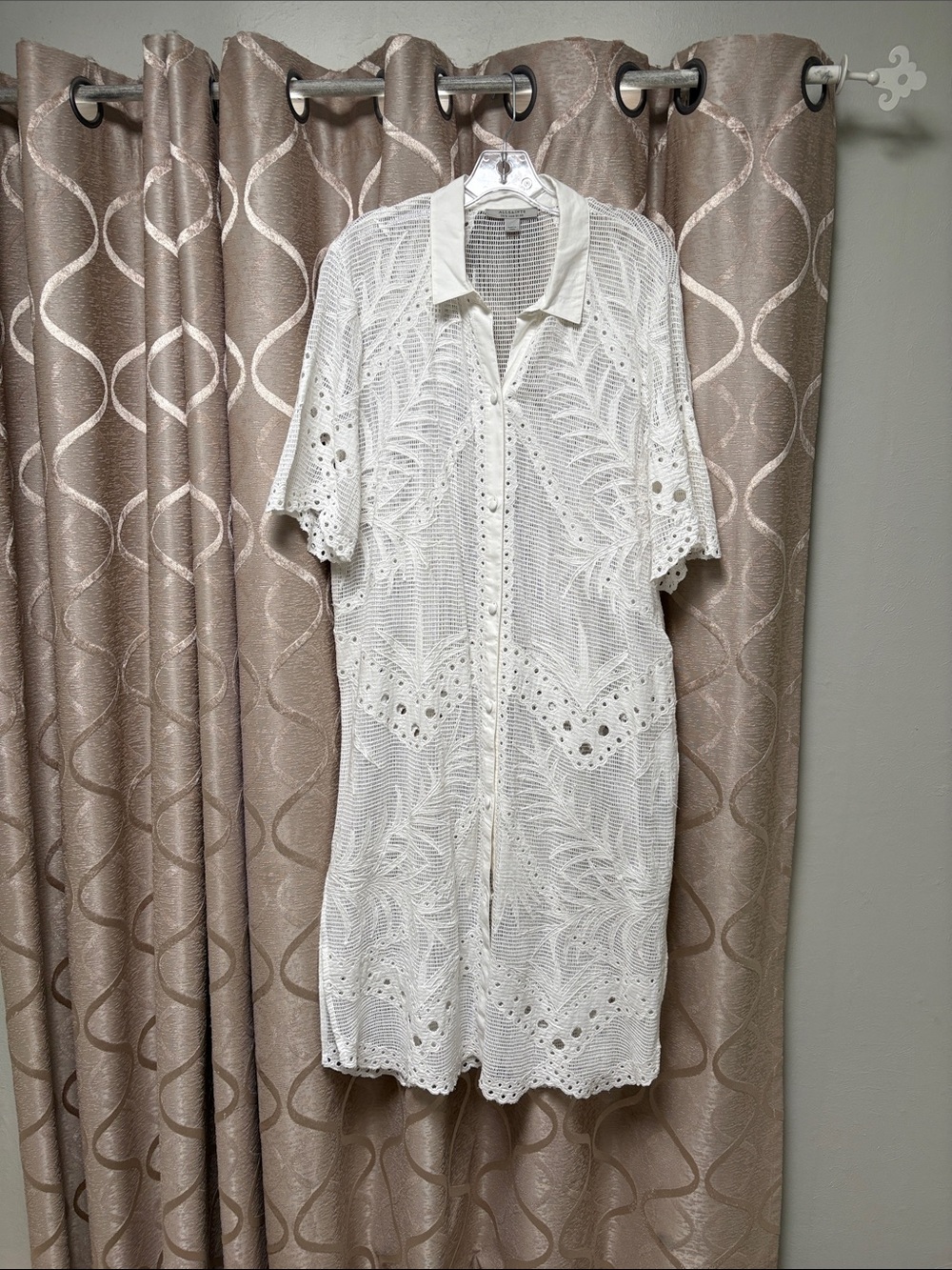 AllSaints White Crochet Button-Front Midi see-through Dress.